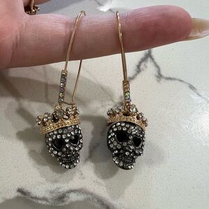 Betsey Johnson Drop Earrings Two-Tone Pave Skulls Crown Pierced